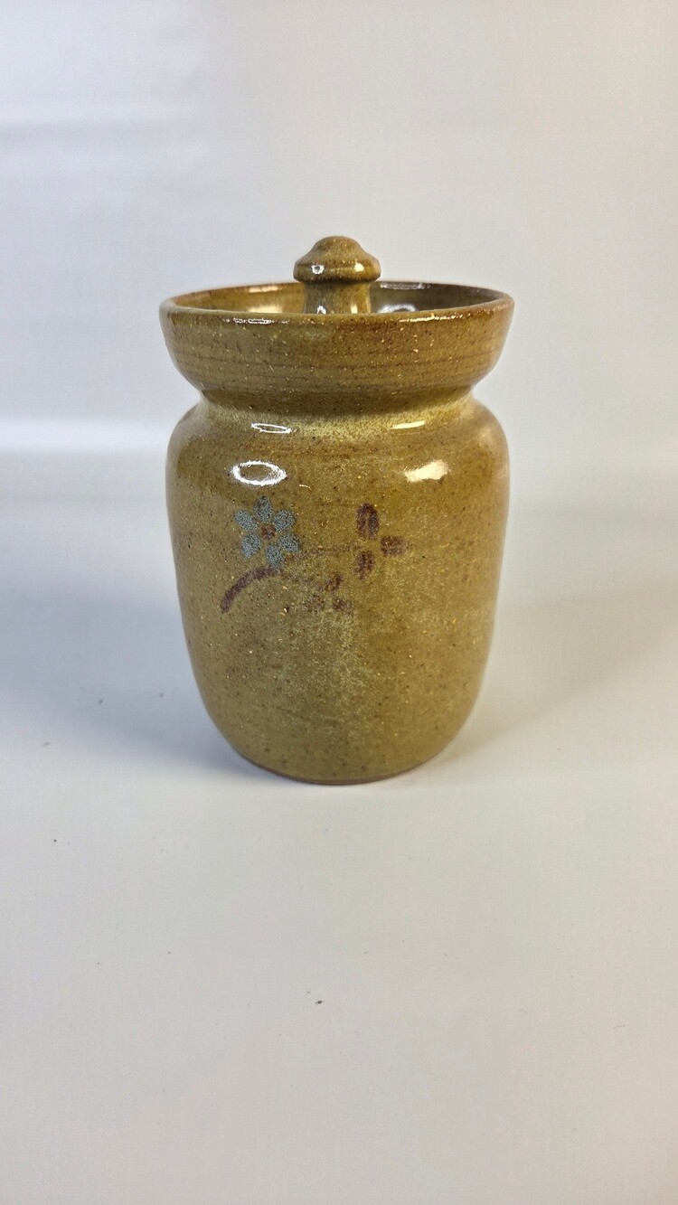 Tate Walton Ceramic Honey Jar with Lid Golden Ochre Glazed Floral Design